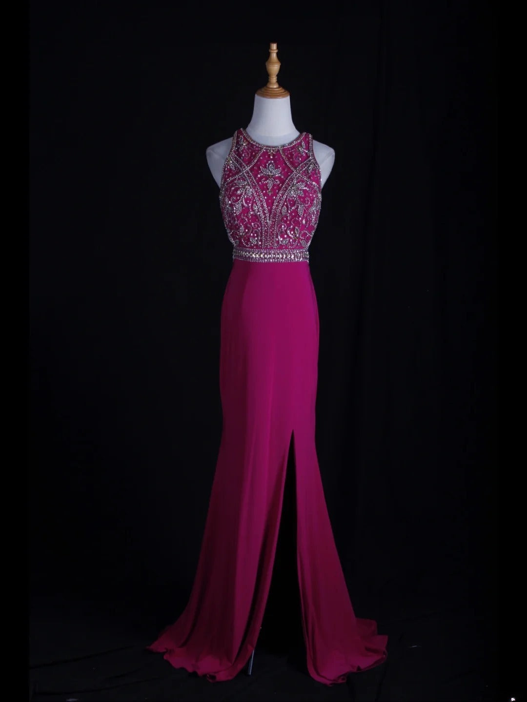 Vintage Meerjungfrauenkleid im 80er-Jahre-Stil, rückenfrei, pink mit Perlenbesatz und offenem Rücken, Inspiration für lange Ballkleider, Geburtstagsoutfits, Abendkleider AS364