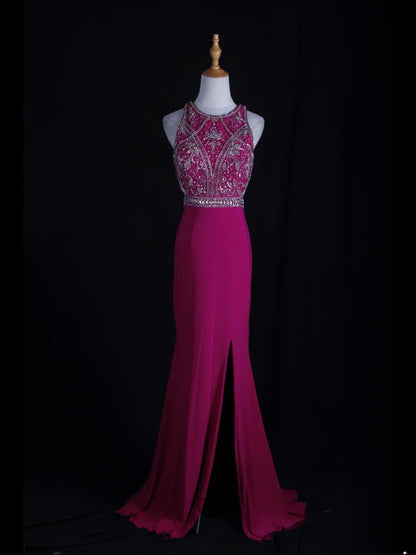 Vintage Meerjungfrauenkleid im 80er-Jahre-Stil, rückenfrei, pink mit Perlenbesatz und offenem Rücken, Inspiration für lange Ballkleider, Geburtstagsoutfits, Abendkleider AS364