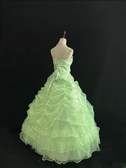 Beautiful Ball Gown Spaghetti Straps Green Poofy Long With Ruffled Tiered Quince Dress inspo Quinceanera Dresses Sweet 15 16 Outfits RB7818
