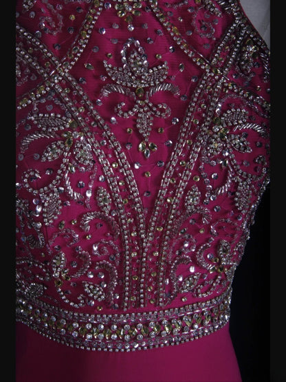 Vintage Meerjungfrauenkleid im 80er-Jahre-Stil, rückenfrei, pink mit Perlenbesatz und offenem Rücken, Inspiration für lange Ballkleider, Geburtstagsoutfits, Abendkleider AS364