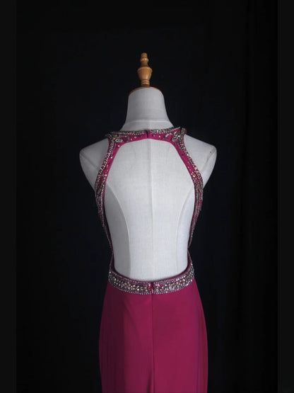 Vintage Meerjungfrauenkleid im 80er-Jahre-Stil, rückenfrei, pink mit Perlenbesatz und offenem Rücken, Inspiration für lange Ballkleider, Geburtstagsoutfits, Abendkleider AS364