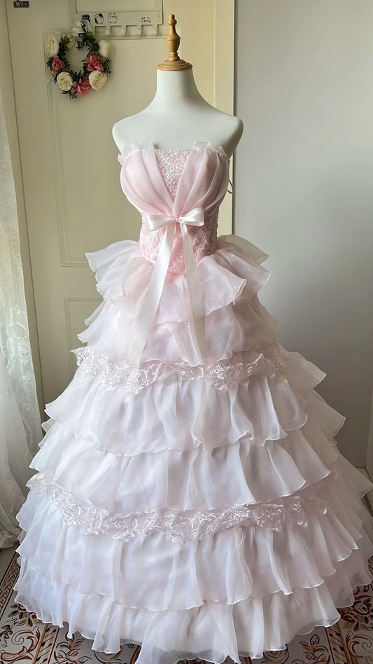 Sweet 15 Quinceanera Dresses Ball Gown Strapless Pink With Tiered Layers Long 16th Birthday Dress RC0688