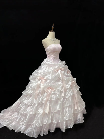 Beautiful Ball Gown Strapless Light Pink Poofy Long With Ruffled Tiered Quince Dress inspo Quinceanera Dresses Sweet 15 16 Outfits RB7819