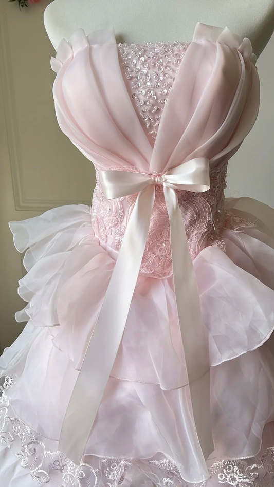 Sweet 15 Quinceanera Dresses Ball Gown Strapless Pink With Tiered Layers Long 16th Birthday Dress RC0688