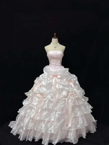 Beautiful Ball Gown Strapless Light Pink Poofy Long With Ruffled Tiered Quince Dress inspo Quinceanera Dresses Sweet 15 16 Outfits RB7819
