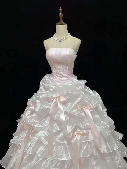 Beautiful Ball Gown Strapless Light Pink Poofy Long With Ruffled Tiered Quince Dress inspo Quinceanera Dresses Sweet 15 16 Outfits RB7819