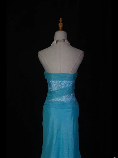 Retro-Meerjungfrauenkleid aus blauem Chiffon im Stil der 1950er-Jahre mit Perlen und Spitze – langes Abendkleid, Inspiration für den 22. Geburtstag, festliches Abendkleid AS366