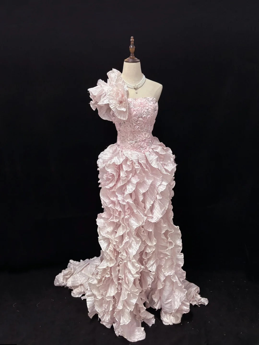 Vintage 90s A Line One Shoulder Pink With Tiered Ruffled Long Prom Dresses Formal Outfit Evening Night Dress RB7820