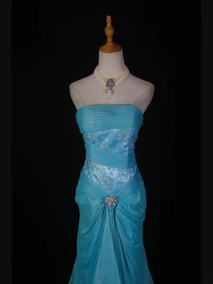 Retro-Meerjungfrauenkleid aus blauem Chiffon im Stil der 1950er-Jahre mit Perlen und Spitze – langes Abendkleid, Inspiration für den 22. Geburtstag, festliches Abendkleid AS366