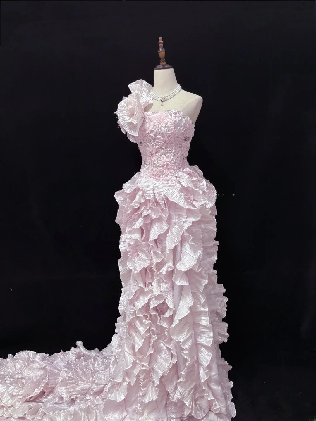 Vintage 90s A Line One Shoulder Pink With Tiered Ruffled Long Prom Dresses Formal Outfit Evening Night Dress RB7820