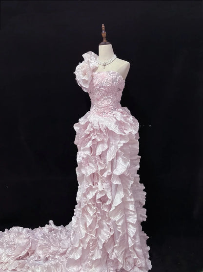 Vintage 90s A Line One Shoulder Pink With Tiered Ruffled Long Prom Dresses Formal Outfit Evening Night Dress RB7820