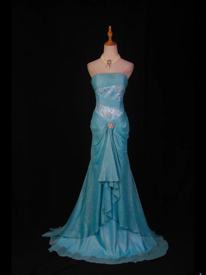 Retro-Meerjungfrauenkleid aus blauem Chiffon im Stil der 1950er-Jahre mit Perlen und Spitze – langes Abendkleid, Inspiration für den 22. Geburtstag, festliches Abendkleid AS366