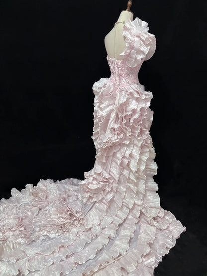 Vintage 90s A Line One Shoulder Pink With Tiered Ruffled Long Prom Dresses Formal Outfit Evening Night Dress RB7820