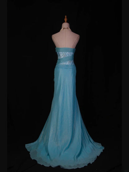 Retro-Meerjungfrauenkleid aus blauem Chiffon im Stil der 1950er-Jahre mit Perlen und Spitze – langes Abendkleid, Inspiration für den 22. Geburtstag, festliches Abendkleid AS366