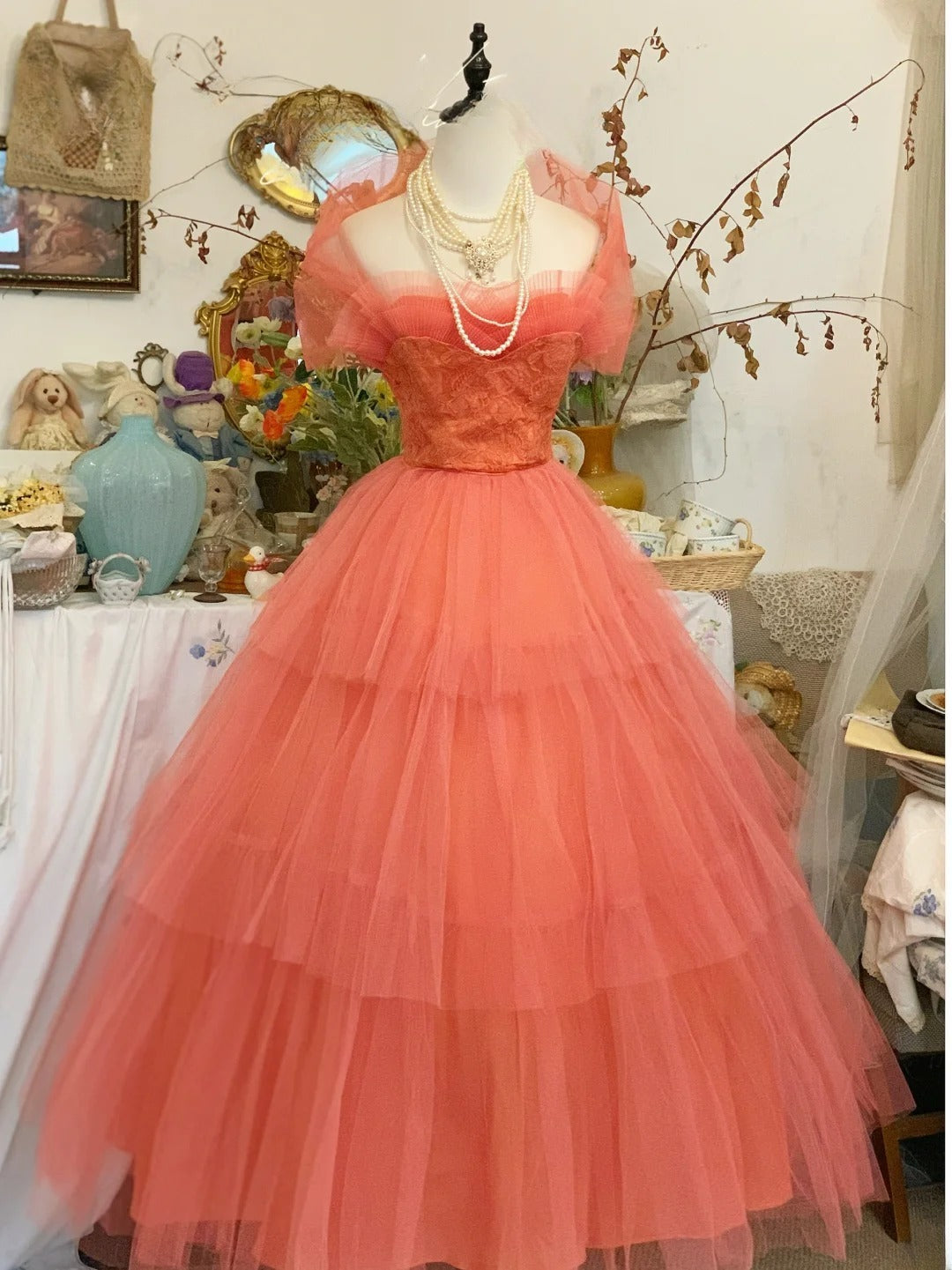 Prom Dress Elegant Ball Gown Coral Tulle Floor Length Formal Evening Gown for Graduation Party RB9403