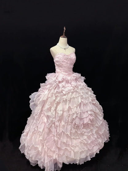 Beautiful Ball Gown Sweetheart Pink Poofy Long With Ruffled Tiered Chiffon Quince Dress inspo Quinceanera Dresses Sweet 15 16 Outfits RB7821