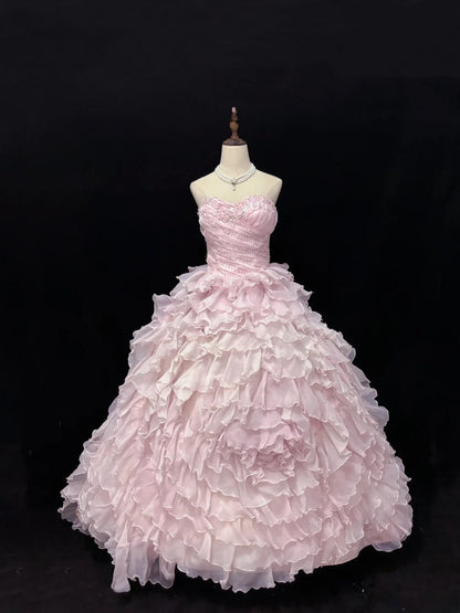 Beautiful Ball Gown Sweetheart Pink Poofy Long With Ruffled Tiered Chiffon Quince Dress inspo Quinceanera Dresses Sweet 15 16 Outfits RB7821