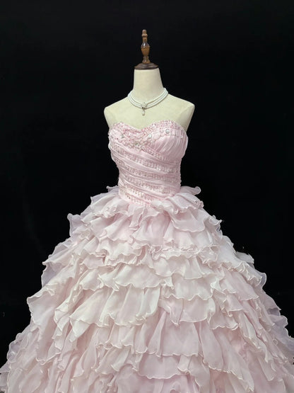 Beautiful Ball Gown Sweetheart Pink Poofy Long With Ruffled Tiered Chiffon Quince Dress inspo Quinceanera Dresses Sweet 15 16 Outfits RB7821