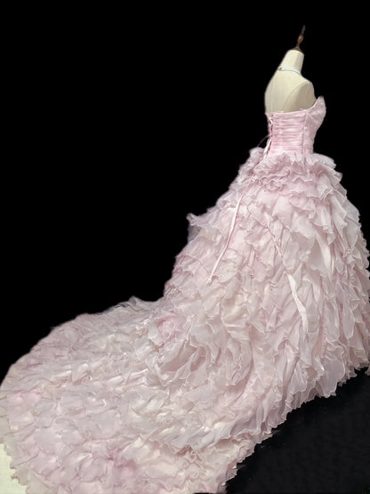 Beautiful Ball Gown Sweetheart Pink Poofy Long With Ruffled Tiered Chiffon Quince Dress inspo Quinceanera Dresses Sweet 15 16 Outfits RB7821