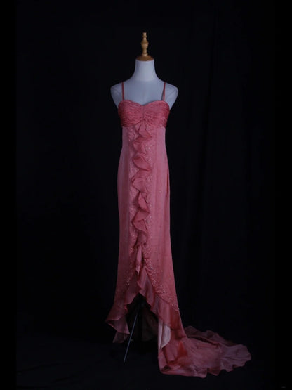 Robe de bal rétro années 60, bretelles spaghetti, mousseline rose ornée de perles, inspiration années 60, tenue de 22 ans, robe de soirée AS367