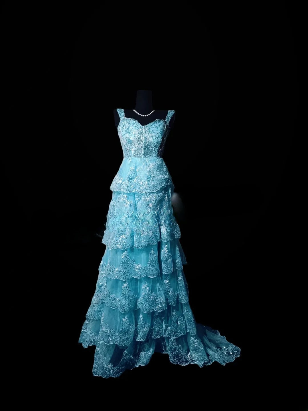 Blue Prom Dress Inspo A Line Straps Lace With Tiered Modest Long Formal Party Gown RC0062