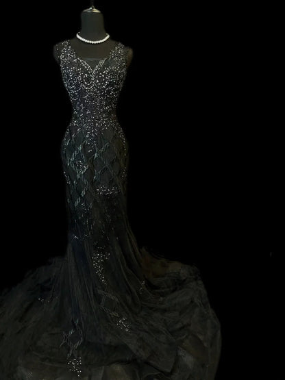 Vintage Prom Dresses Mermaid V Neck Black Tulle 1950s Retro Classy Long Party Formal Outfits RB6189