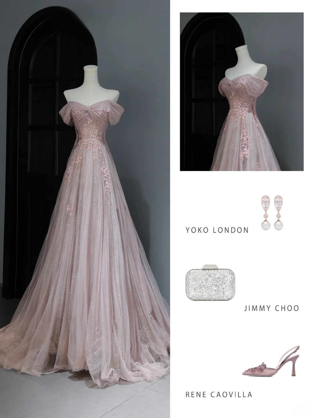 Elegantes, schlichtes A-Linien-Abendkleid mit schulterfreiem Schnitt aus rosa Tüll – Inspiration für einen stilvollen Auftritt. Langes, formelles Abendkleid mit Ärmeln (AS369).
