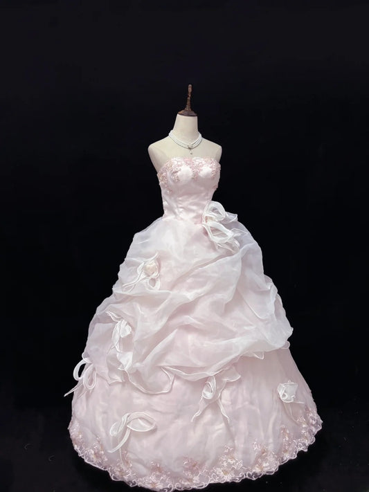 Beautiful Ball Gown Strapless Poofy Long With Ruffled Tiered Lace Pink Quince Dress inspo Quinceanera Dresses Sweet 15 16 Outfits RB7823