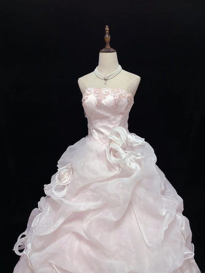 Beautiful Ball Gown Strapless Poofy Long With Ruffled Tiered Lace Pink Quince Dress inspo Quinceanera Dresses Sweet 15 16 Outfits RB7823