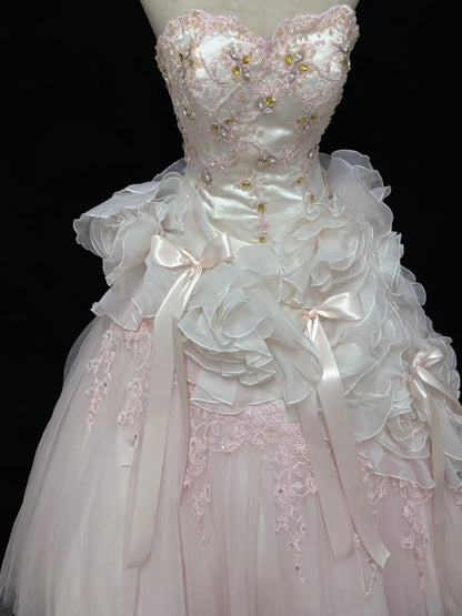 Beautiful Ball Gown Sweetheart Poofy Long With Ruffled 3D Flowers Lace Pink Quince Dress inspo Quinceanera Dresses Sweet 15 16 Outfits RB7824
