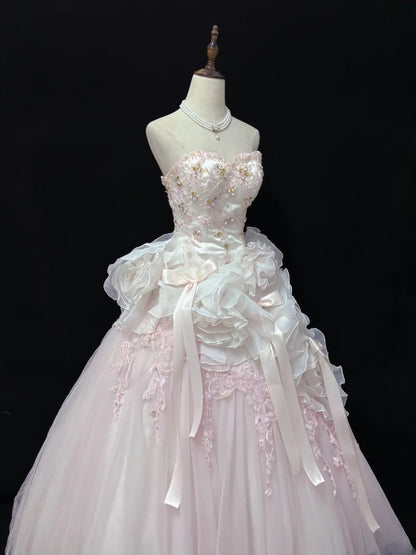 Beautiful Ball Gown Sweetheart Poofy Long With Ruffled 3D Flowers Lace Pink Quince Dress inspo Quinceanera Dresses Sweet 15 16 Outfits RB7824