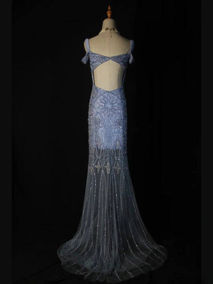 Retro-Meerjungfrauenkleid im Stil der 1950er Jahre aus blauem Tüll mit Perlen, langes Ballkleid mit Herzausschnitt, Inspiration für das Outfit zum 22. Geburtstag, formelles Abendkleid AS370