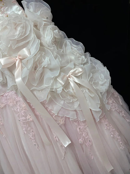 Beautiful Ball Gown Sweetheart Poofy Long With Ruffled 3D Flowers Lace Pink Quince Dress inspo Quinceanera Dresses Sweet 15 16 Outfits RB7824