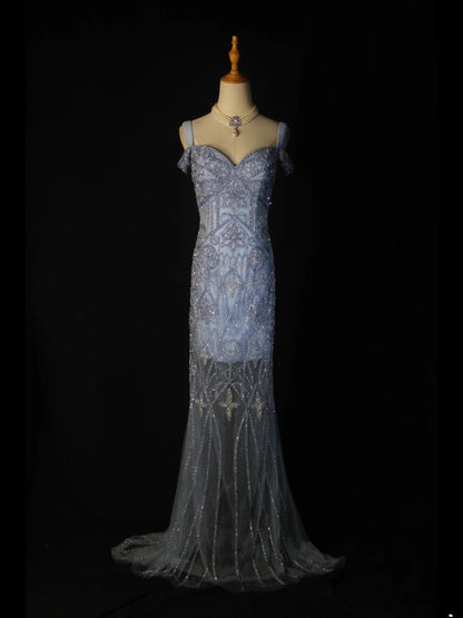 Retro-Meerjungfrauenkleid im Stil der 1950er Jahre aus blauem Tüll mit Perlen, langes Ballkleid mit Herzausschnitt, Inspiration für das Outfit zum 22. Geburtstag, formelles Abendkleid AS370