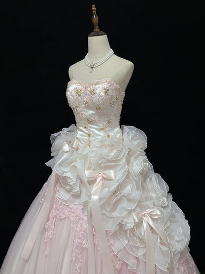 Beautiful Ball Gown Sweetheart Poofy Long With Ruffled 3D Flowers Lace Pink Quince Dress inspo Quinceanera Dresses Sweet 15 16 Outfits RB7824