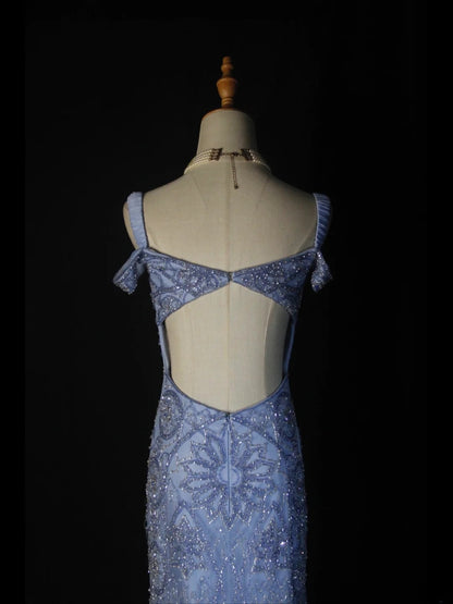 Retro-Meerjungfrauenkleid im Stil der 1950er Jahre aus blauem Tüll mit Perlen, langes Ballkleid mit Herzausschnitt, Inspiration für das Outfit zum 22. Geburtstag, formelles Abendkleid AS370