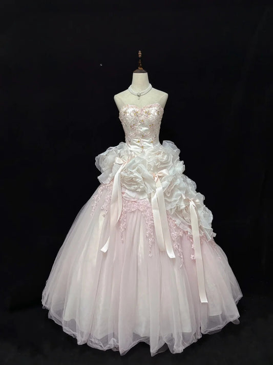 Beautiful Ball Gown Sweetheart Poofy Long With Ruffled 3D Flowers Lace Pink Quince Dress inspo Quinceanera Dresses Sweet 15 16 Outfits RB7824