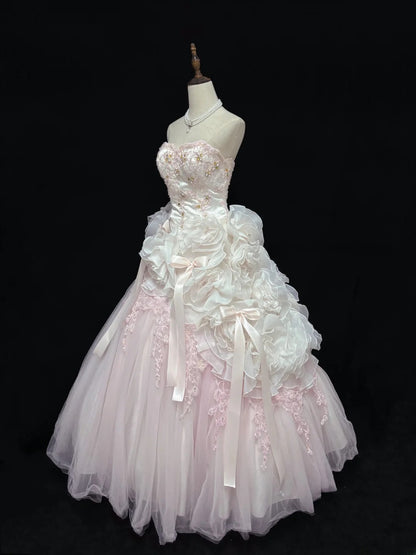 Beautiful Ball Gown Sweetheart Poofy Long With Ruffled 3D Flowers Lace Pink Quince Dress inspo Quinceanera Dresses Sweet 15 16 Outfits RB7824