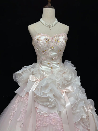Beautiful Ball Gown Sweetheart Poofy Long With Ruffled 3D Flowers Lace Pink Quince Dress inspo Quinceanera Dresses Sweet 15 16 Outfits RB7824