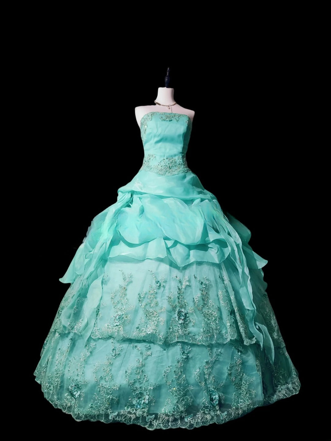 Sexy Ball Gown Strapless Blue Lace With Tiered Long Prom Dress Inspiration Party For Womens Formal Dresses RB8808