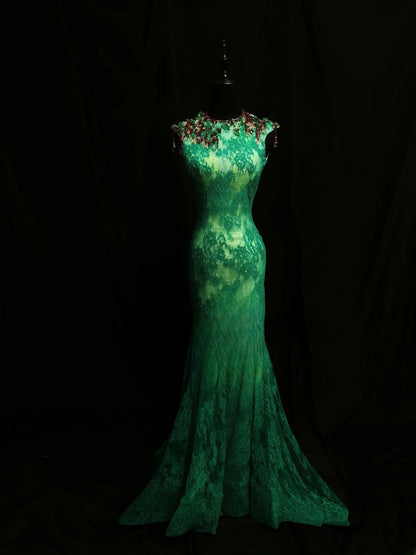 Vintage Prom Dresses Mermaid Scoop Neck Green Backless Lace 1950s Retro Classy Long Party Formal Outfits RB6192