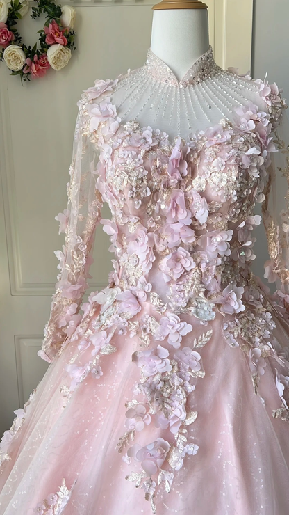 Cute Sweet 16 Dress Long High Neck Pink Tulle With Appliques Lace Ball Gown Sweet Sixteen Party Birthday Dresses RC0691