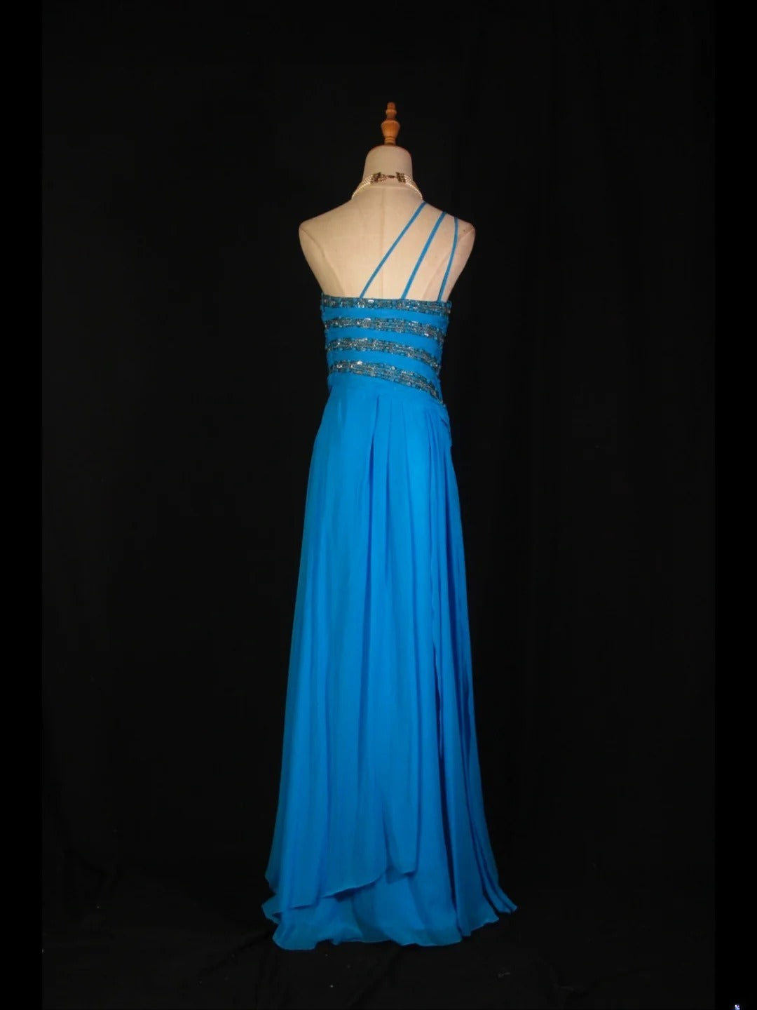 Vintage A-Linien-Kleid, königsblau, 1950er Jahre, mit plissiertem, gerüschtem und perlenbesetztem Oberteil, langes Ballkleid, Inspiration für Geburtstagsoutfit, formelles Abendkleid AS371