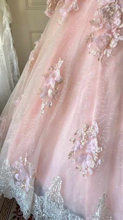 Cute Sweet 16 Dress Long High Neck Pink Tulle With Appliques Lace Ball Gown Sweet Sixteen Party Birthday Dresses RC0691