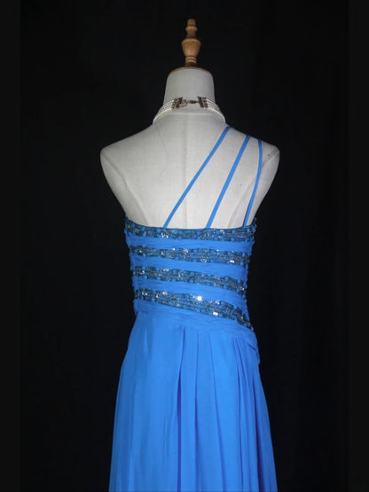 Vintage A-Linien-Kleid, königsblau, 1950er Jahre, mit plissiertem, gerüschtem und perlenbesetztem Oberteil, langes Ballkleid, Inspiration für Geburtstagsoutfit, formelles Abendkleid AS371