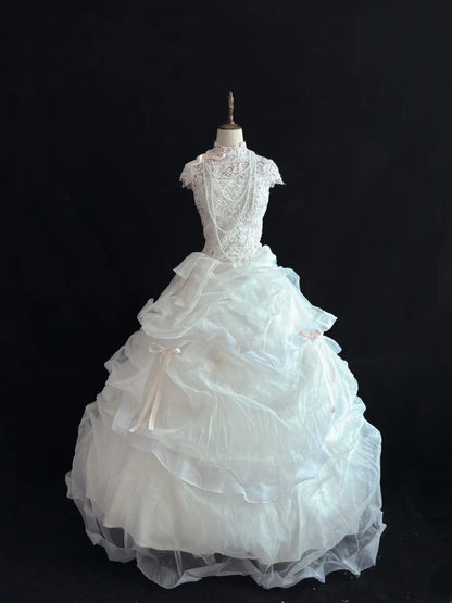 Beautiful Ball Gown High Neck White Lace Long With Ruffled Quince Dress inspo Quinceanera Dresses Sweet 15 16 Outfits RB7826