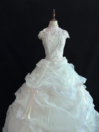 Beautiful Ball Gown High Neck White Lace Long With Ruffled Quince Dress inspo Quinceanera Dresses Sweet 15 16 Outfits RB7826