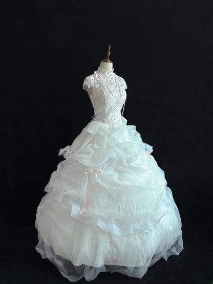 Beautiful Ball Gown High Neck White Lace Long With Ruffled Quince Dress inspo Quinceanera Dresses Sweet 15 16 Outfits RB7826