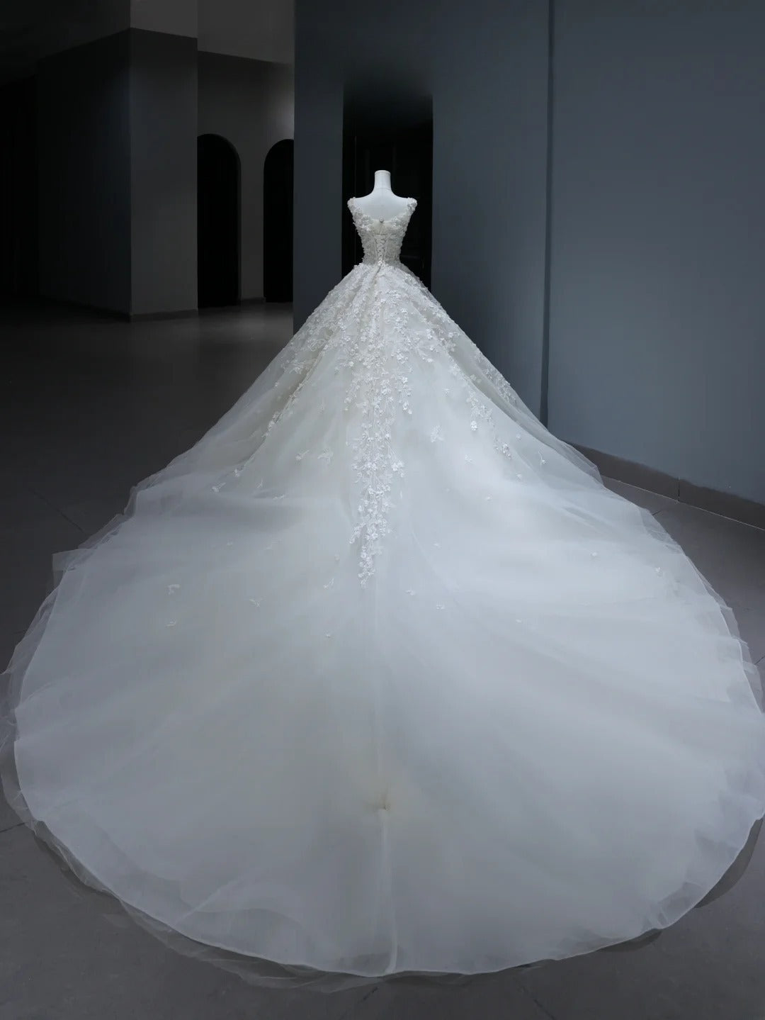 Prinzessinnen-Brautkleid, langes Ballkleid im V-Ausschnitt-Stil mit Spitzenapplikationen und Schleppe, weißes Brautkleid AS372