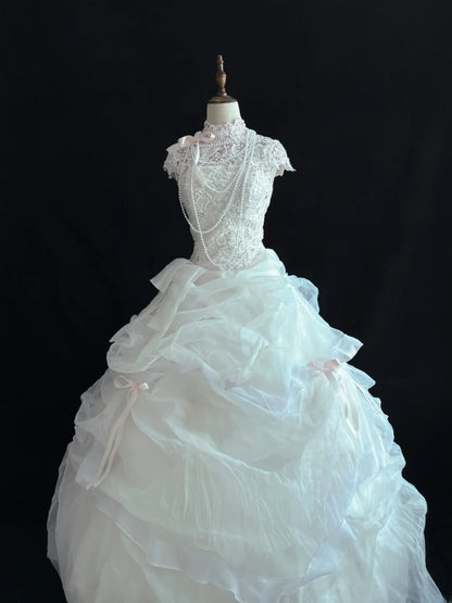 Beautiful Ball Gown High Neck White Lace Long With Ruffled Quince Dress inspo Quinceanera Dresses Sweet 15 16 Outfits RB7826